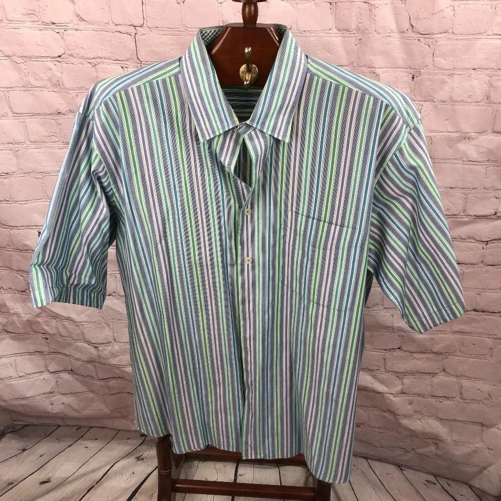 alan flusser short sleeve stripe button down shirt size large